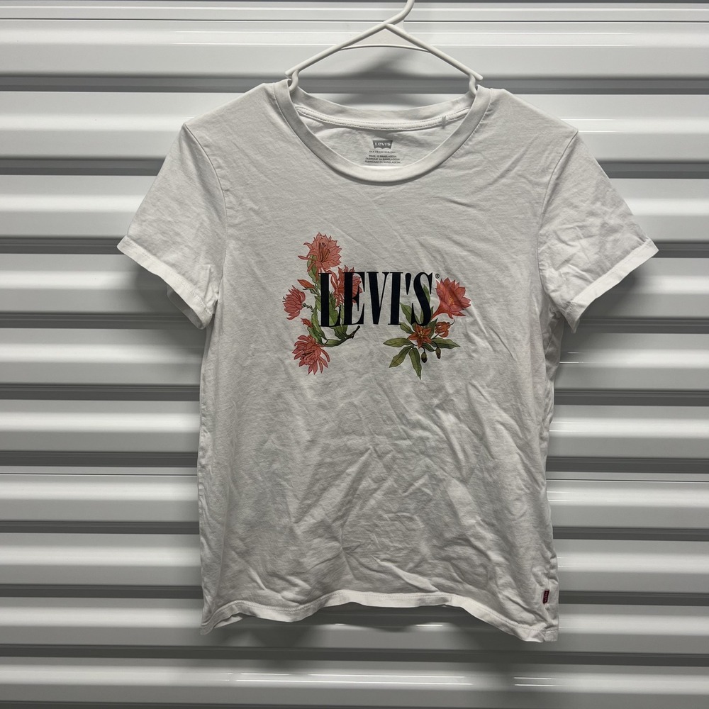 Levi's Floral Graphic Logo T-Shirt Size S Womens White Cotton Short Sleeve Tee
